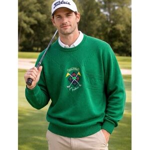 Vintage Barney Castle Ireland Golf Sweater Green Shamrock Crewneck Masters Large